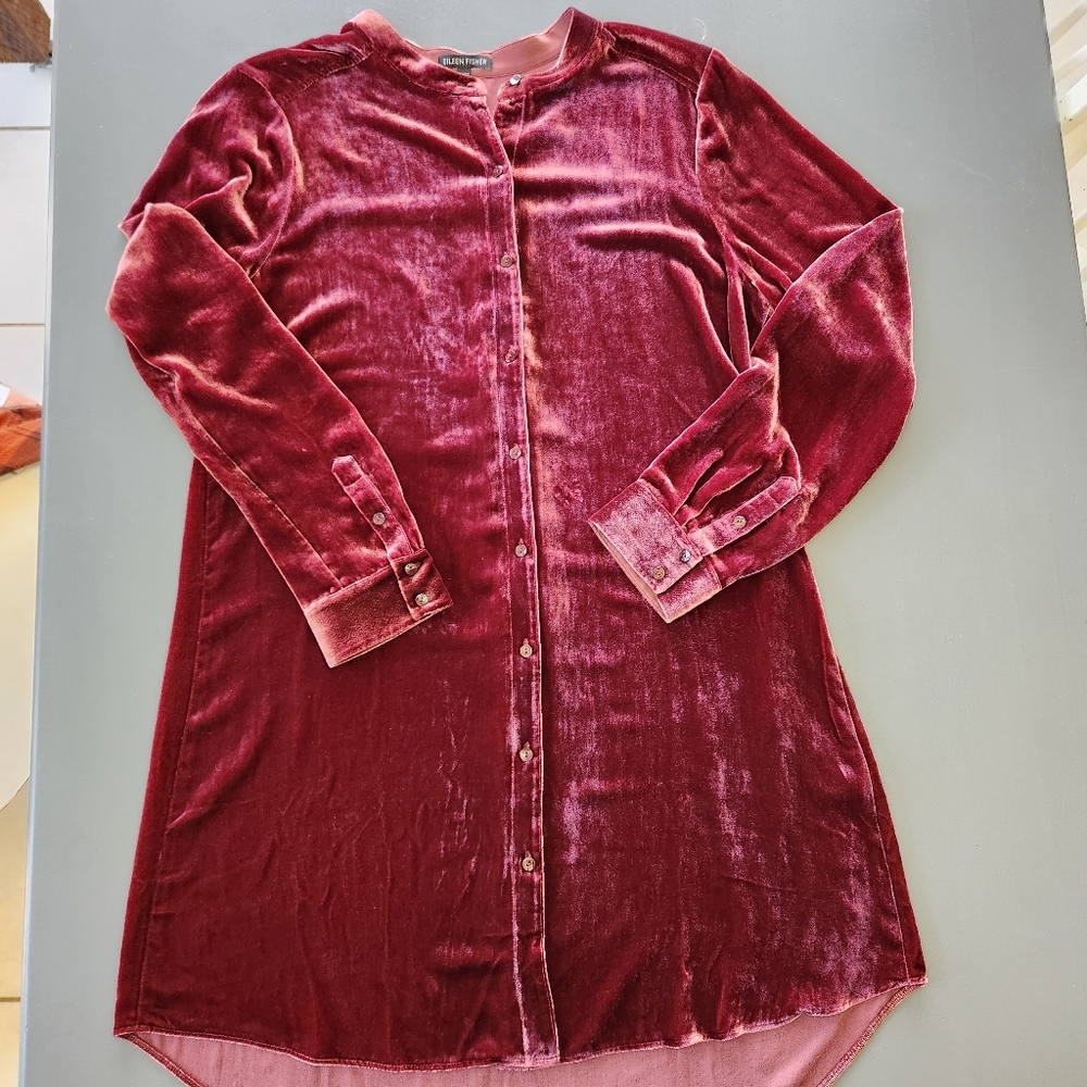 EileenFisher Silk Velvet Long Sleeve Shirt Dress Med Cranberry Holiday Lagenlook